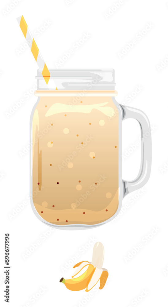 Mason jar of fresh banana smoothie on white background