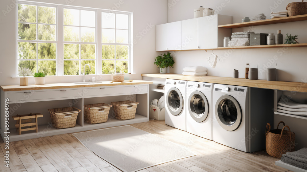 Laundry room interior with washing machine near wall. Generative AI