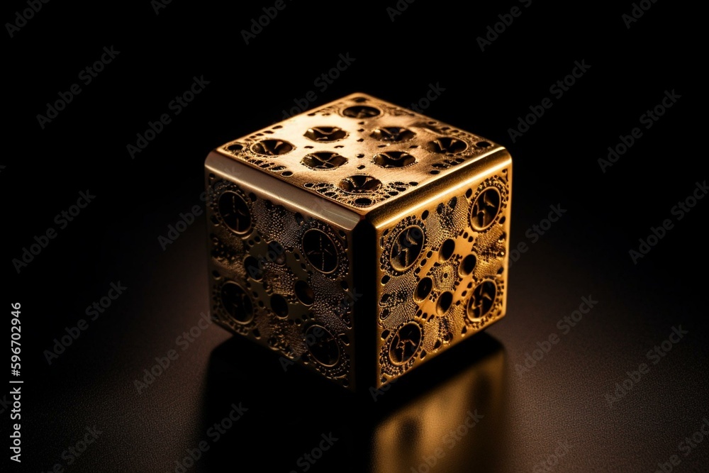 A unique, golden gaming die stands out on a black background. Generative AI