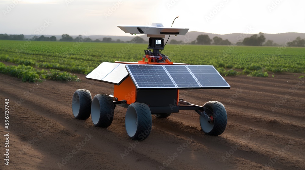 A solar-powered agriculture robot working in the field. Integration of renewable energy and advanced