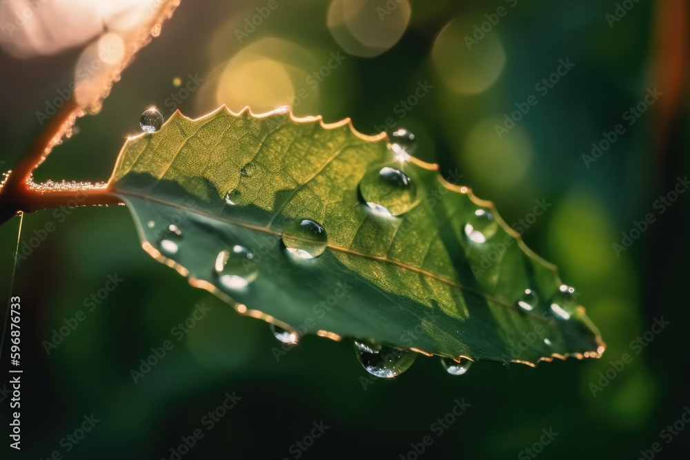 Beautiful water drops sparkle in sun on leaf in sunlight, macro. Big droplet of morning dew outdoor,