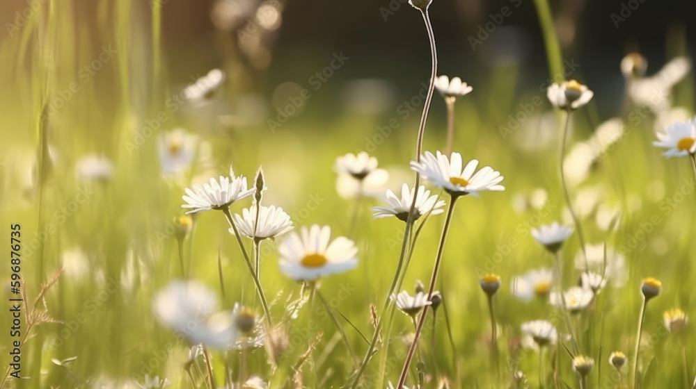 Chamomile meadow background. Illustration AI Generative.