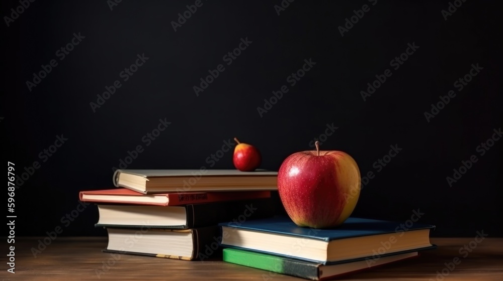 Back to school background with books and apple. Illustration AI Generative