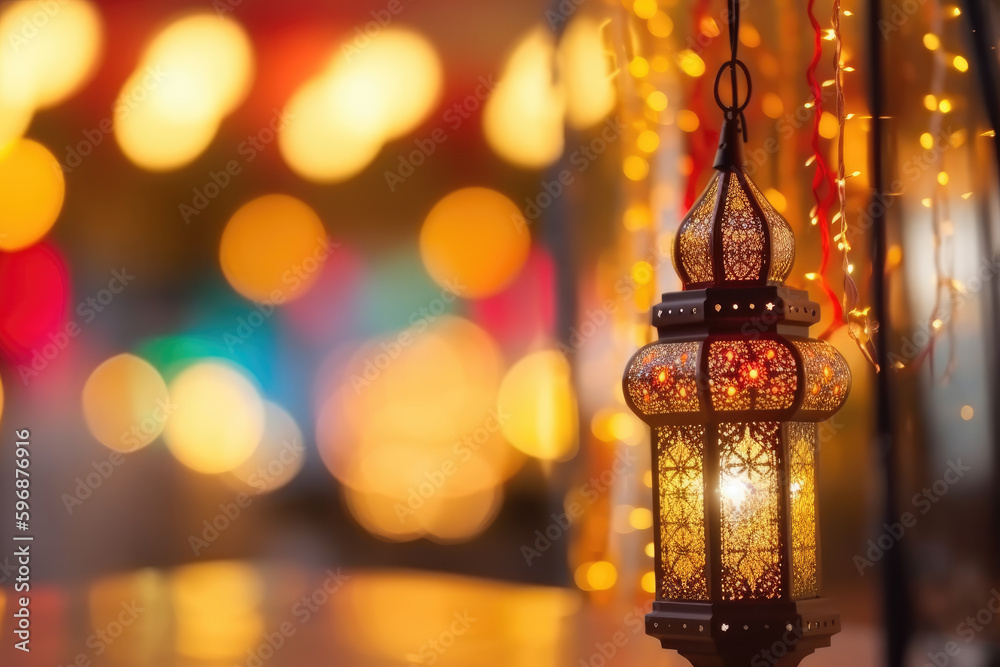 Original traditional ornate oriental lantern with beautiful bokeh of holiday lights and mosque in ba