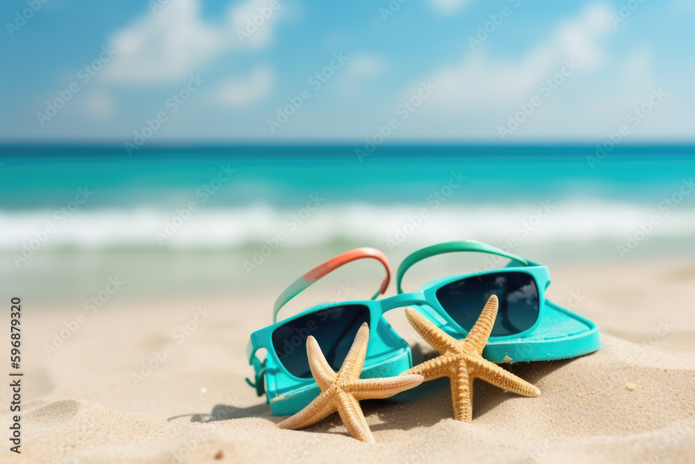 Beautiful colorful background for summer beach holiday. Sunglasses, starfish, turquoise flip-flops o