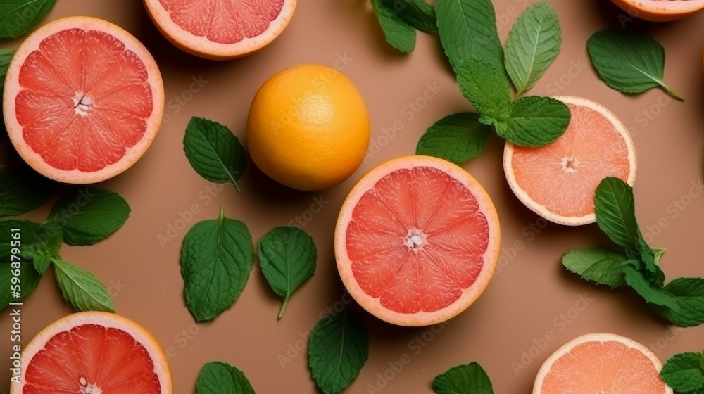 Fresh grapefruits and mints overhead view - flat lay Illustration AI Generative.