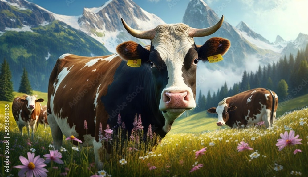 Cows in Alps. Illustration AI Generative.