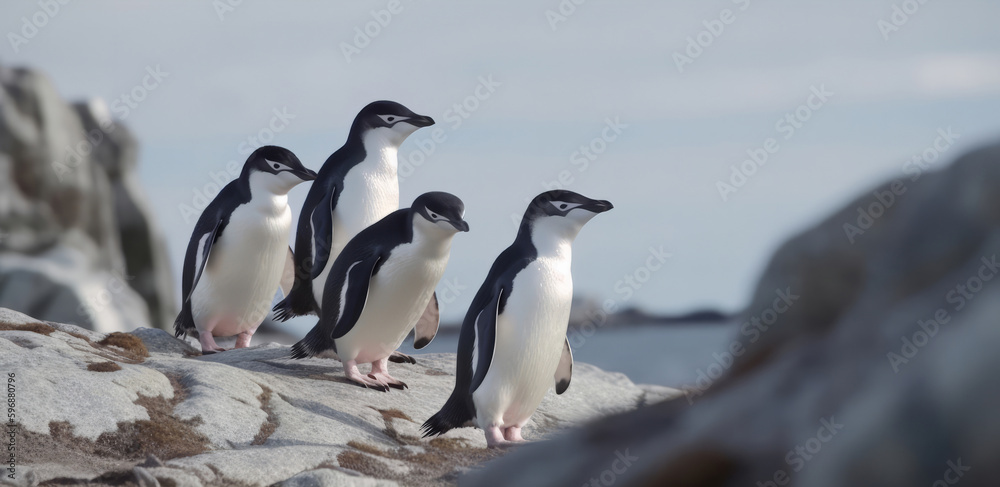 African penguins on a beach. Illustration AI Generative.