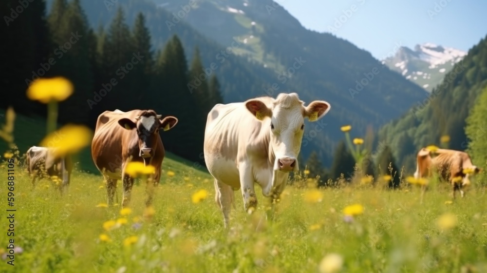 Cows in Alps. Illustration AI Generative.