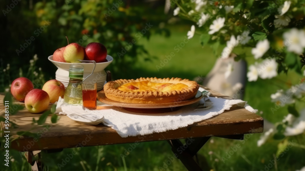 Apple pie in apple garden. Illustration AI Generative.