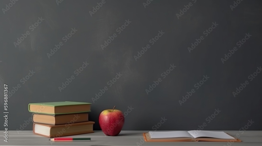 Back to school background with books and apple. Illustration AI Generative