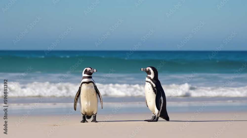 African penguins on a beach. Illustration AI Generative.