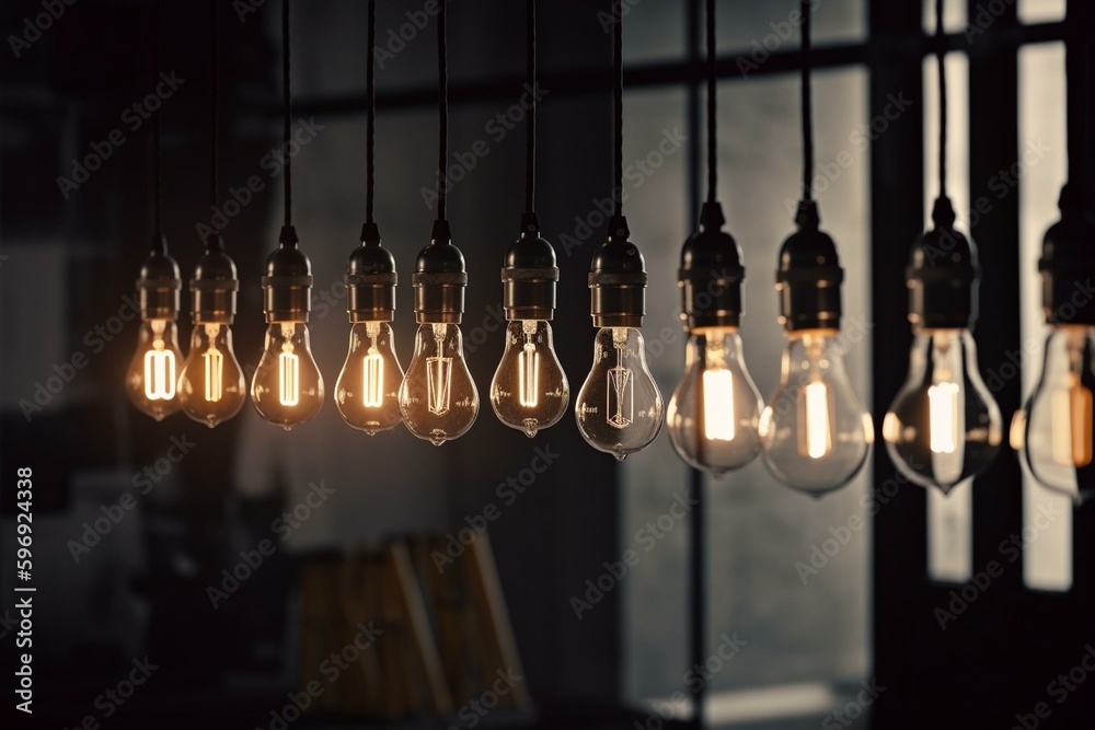 Row of hanging lightbulbs with one bulb standing out. Generative AI