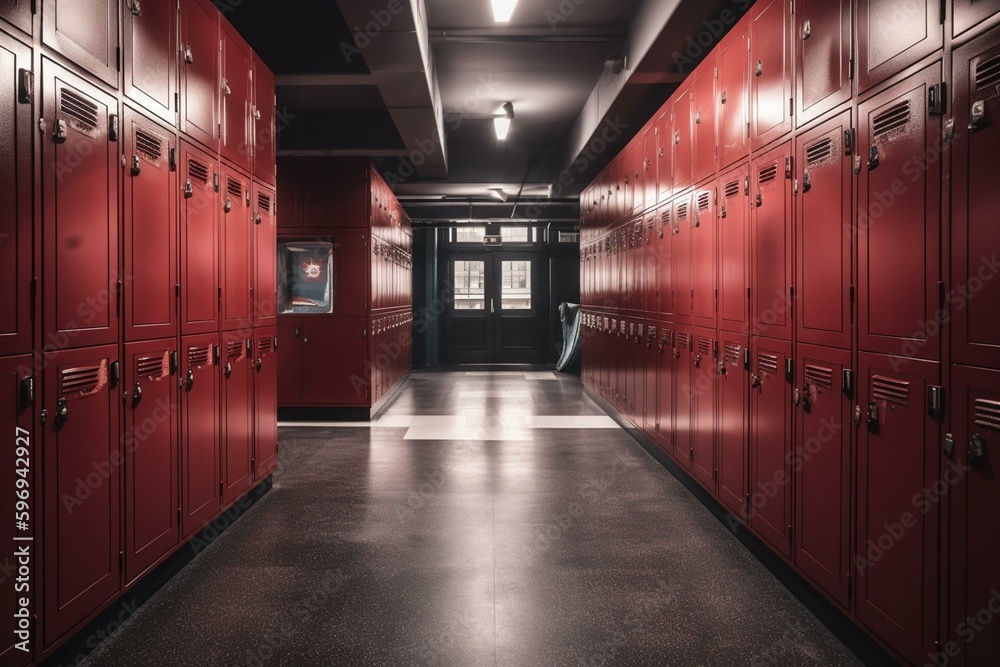 School hallway perspective with red lockers, gym and sports club. Generative AI