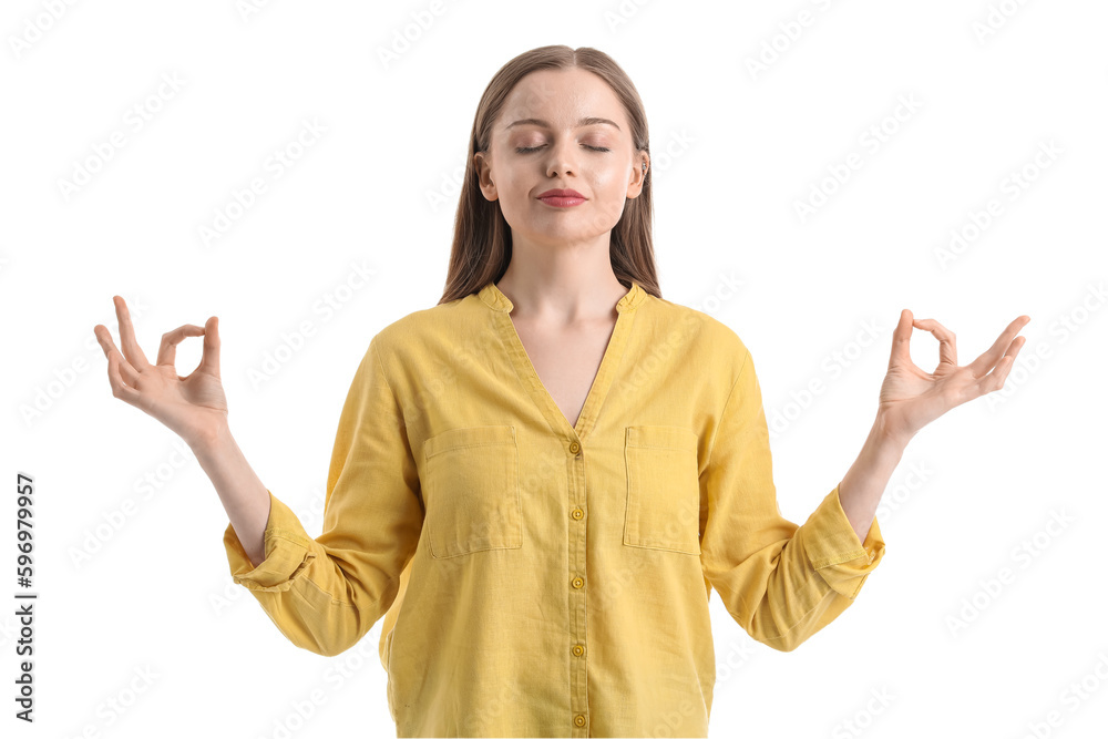 Young woman meditating on white background. Balance concept