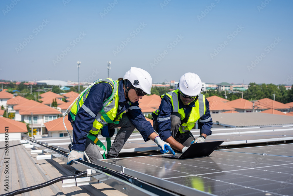 Professional engineer work to maintenance of photovoltaic panel system. 