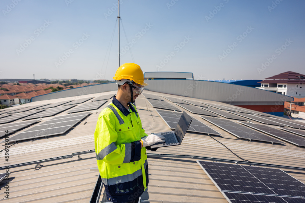 Professional engineer work to maintenance of photovoltaic panel system. 