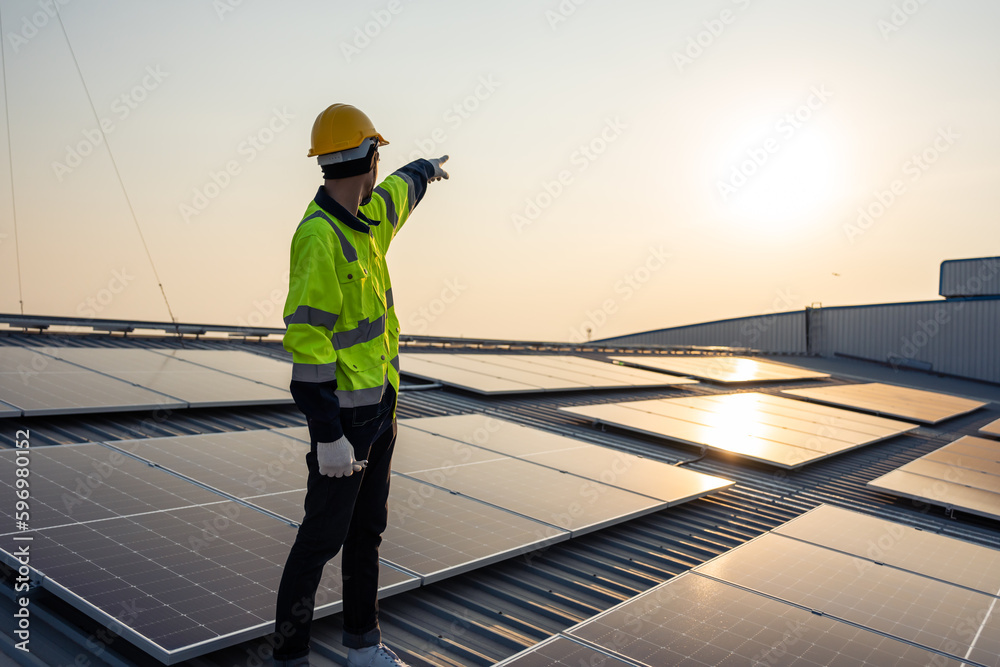 Professional engineer work to maintenance of photovoltaic panel system. 