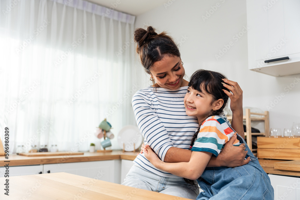 Caucasian happy family, parent spend free time with kid together at home. 