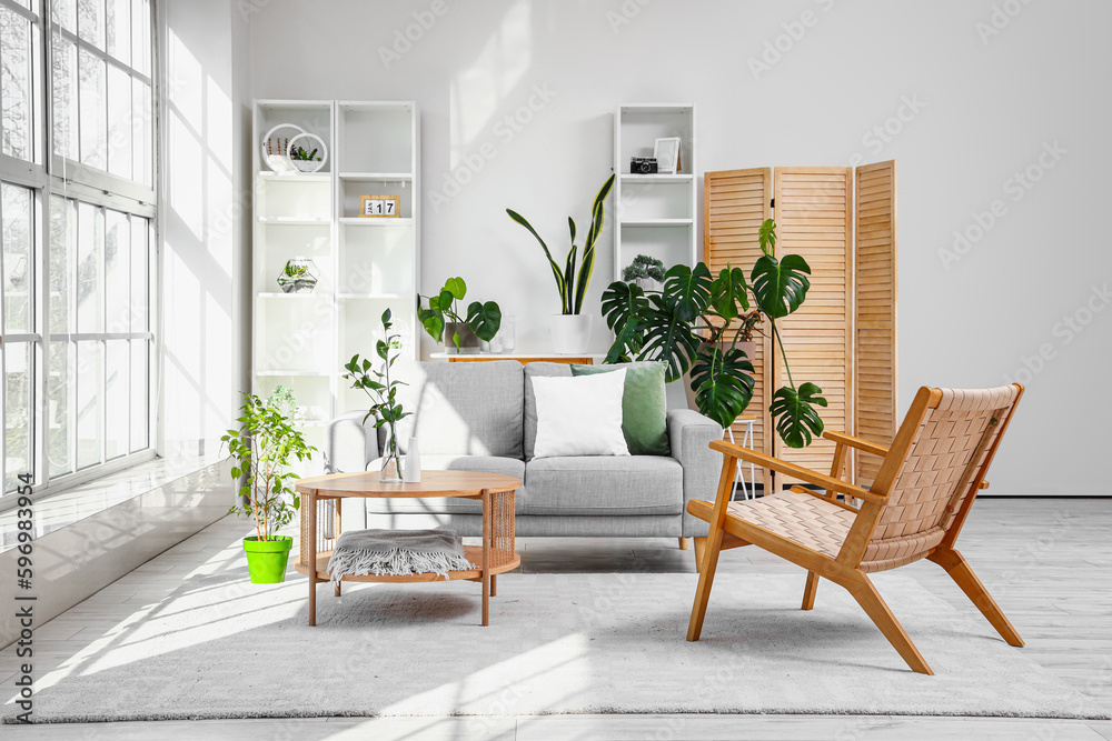 Interior of bright living room with coffee table, cozy sofa and armchair