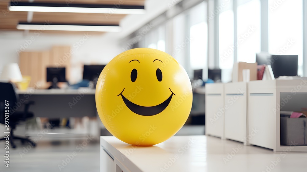 Positivity in the workplace demonstrated by a yellow smiling ball in the office interior, promoting 