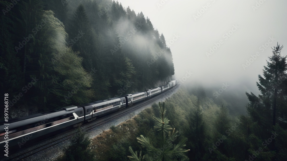 Speed passenger train moving in the mist mountains covered with forest. Generative AI