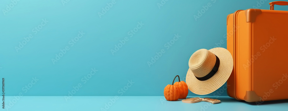 Orange travel suitcase with straw hat, on blue background. Trip concept. Generative AI