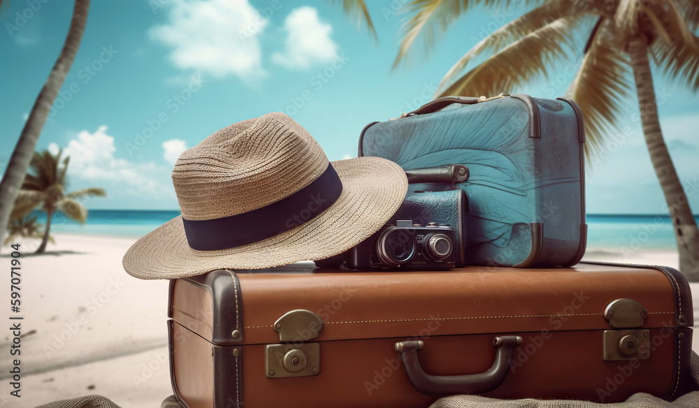 Suitcase with accessories on the sand with a sea background. Travel concept. Generative AI