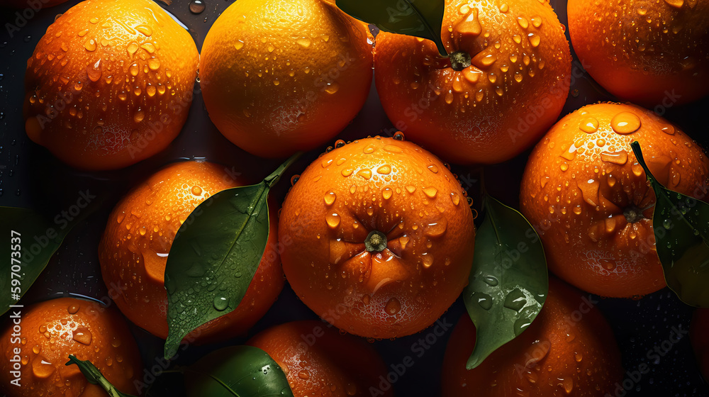 Fresh ripe oranges with water drops background. Fruits backdrop. Generative AI