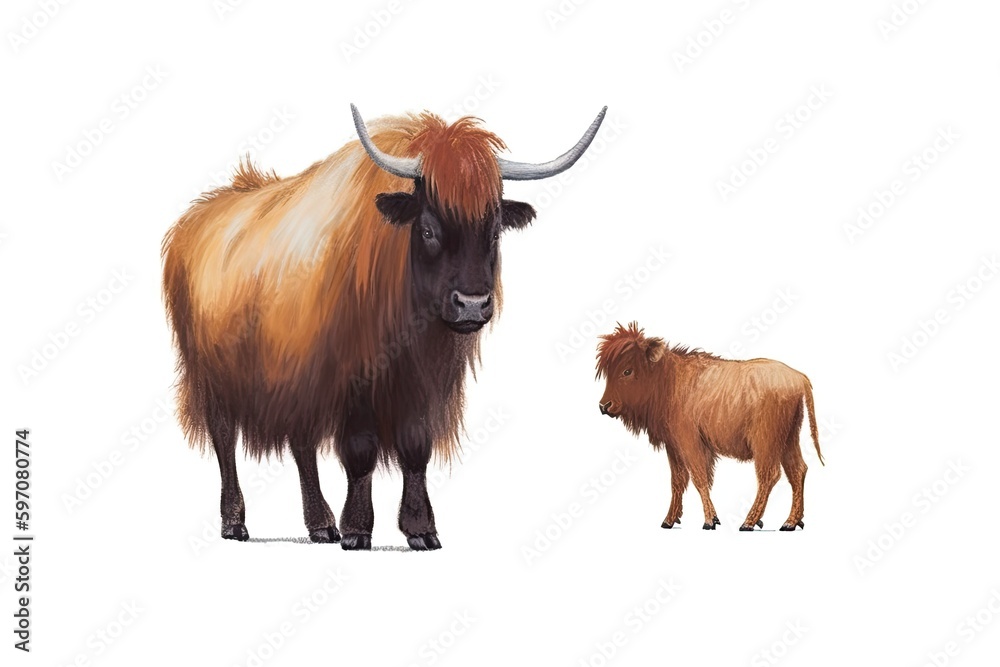 Bison and Yak standing together in a field. Generative AI