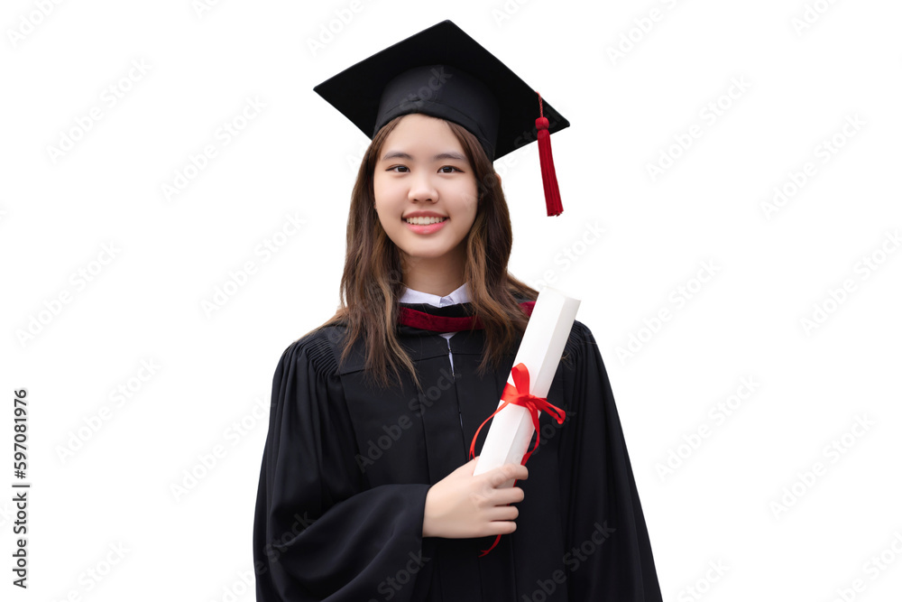 College degree graduations. Happy young Asian girl in gown with mortarboard isolated on white backgr