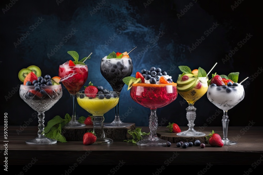 colorful fruit-filled glasses arranged in a row. Generative AI