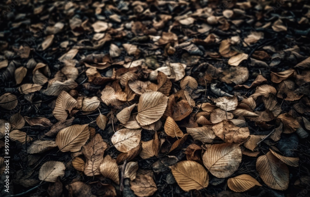 scattered pile of autumn leaves on a grassy ground. Generative AI