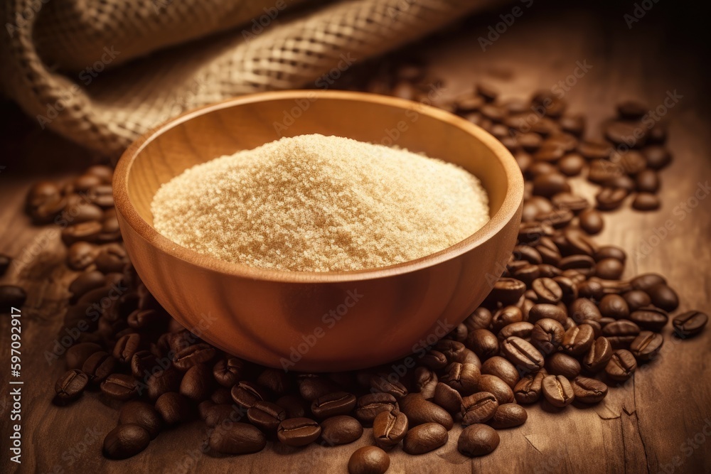 wooden bowl filled with sugar and coffee beans. Generative AI