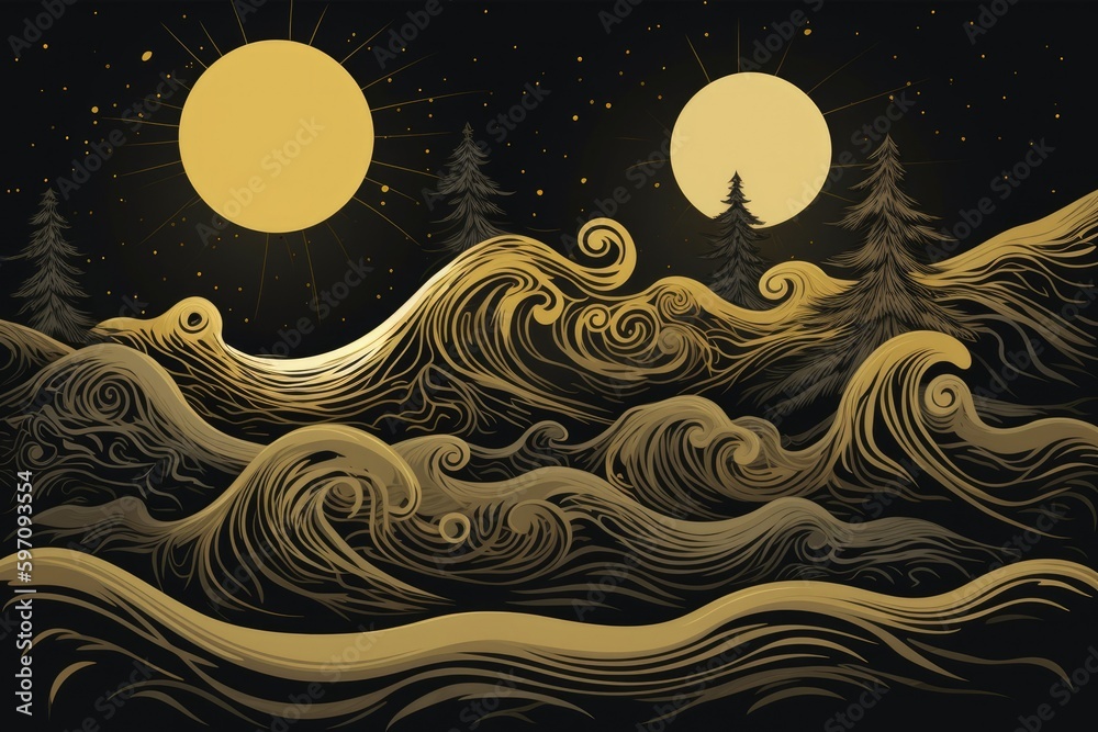 serene landscape with moonlit trees and waves. Generative AI