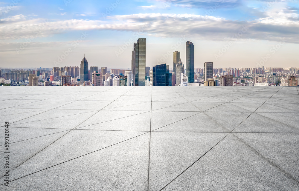 Plaza floor tiles and urban building group background