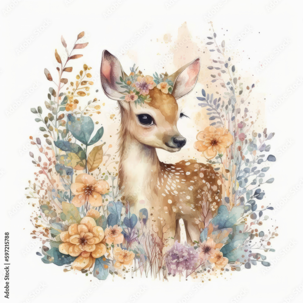 Cute baby deer watercolor. Illustration AI Generative