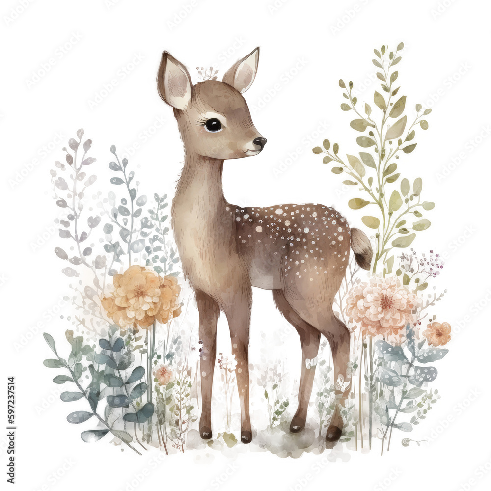 Cute baby deer watercolor. Illustration AI Generative