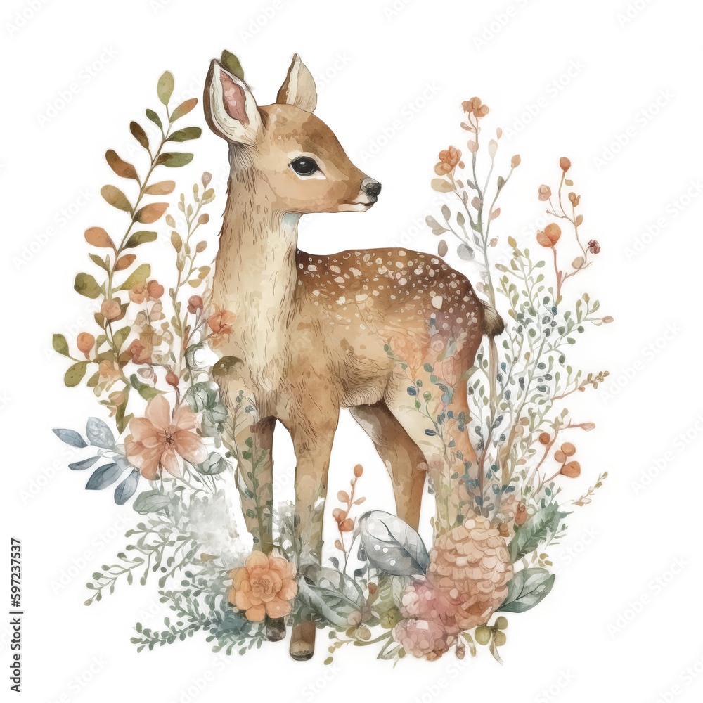 Cute baby deer watercolor. Illustration AI Generative