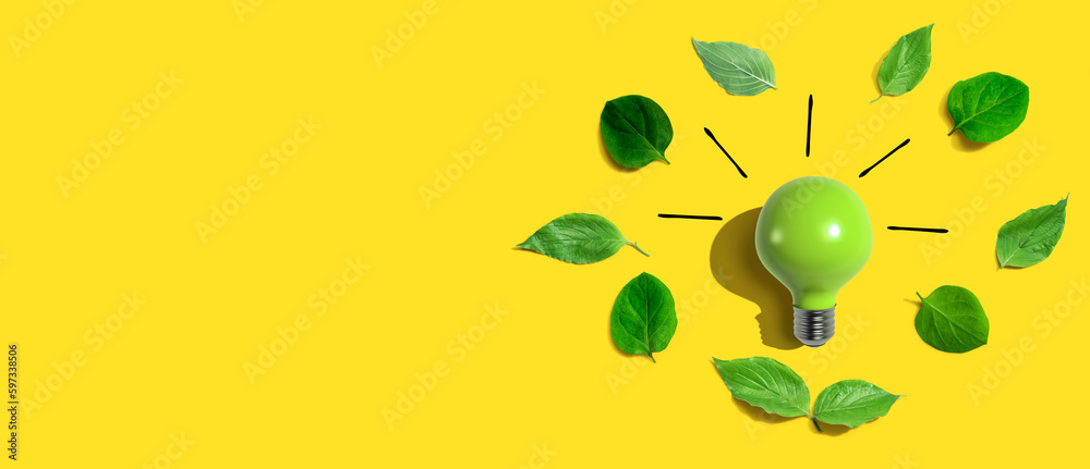 Light bulbs with green leaves