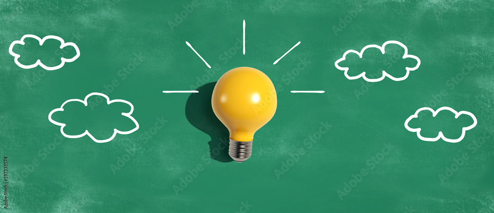 Yellow light bulb with cloud sketches