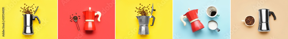 Set of geyser coffee makers on color background, top view