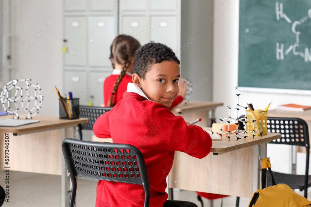 African-American little boy having Chemistry lesson in science classroom