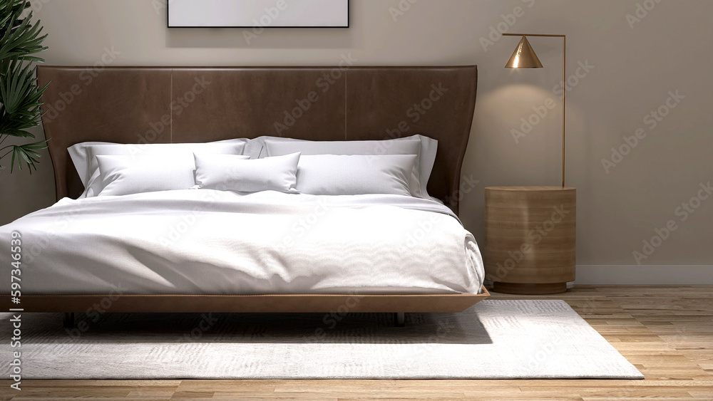 Elegant, luxury beige wall bedroom with large brown leather headboard bed, white blanket, pillow, wo