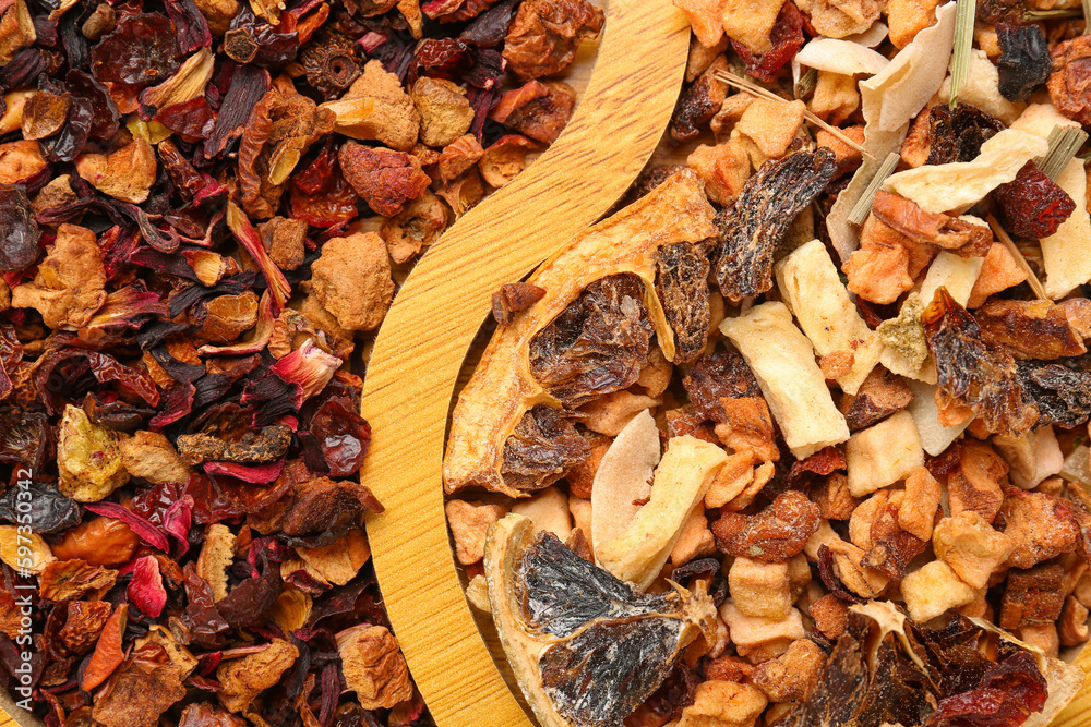 Plate with dried fruit tea as background, closeup