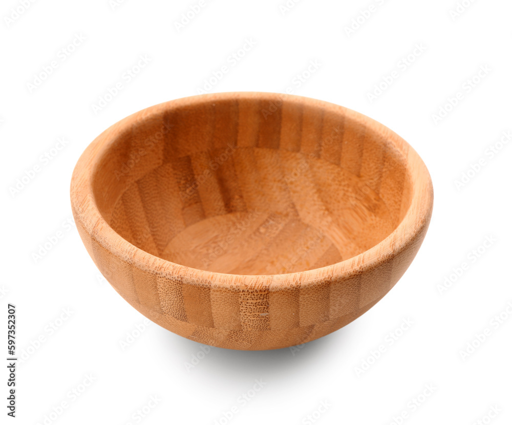 Stylish wooden bowl isolated on white background