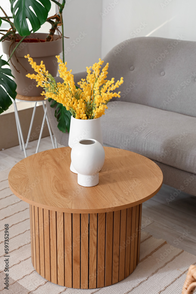 Vase with mimosa flowers on coffee table in interior of living room