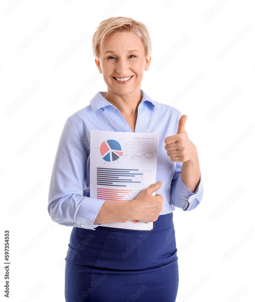 Mature businesswoman with documents showing thumb-up on white background