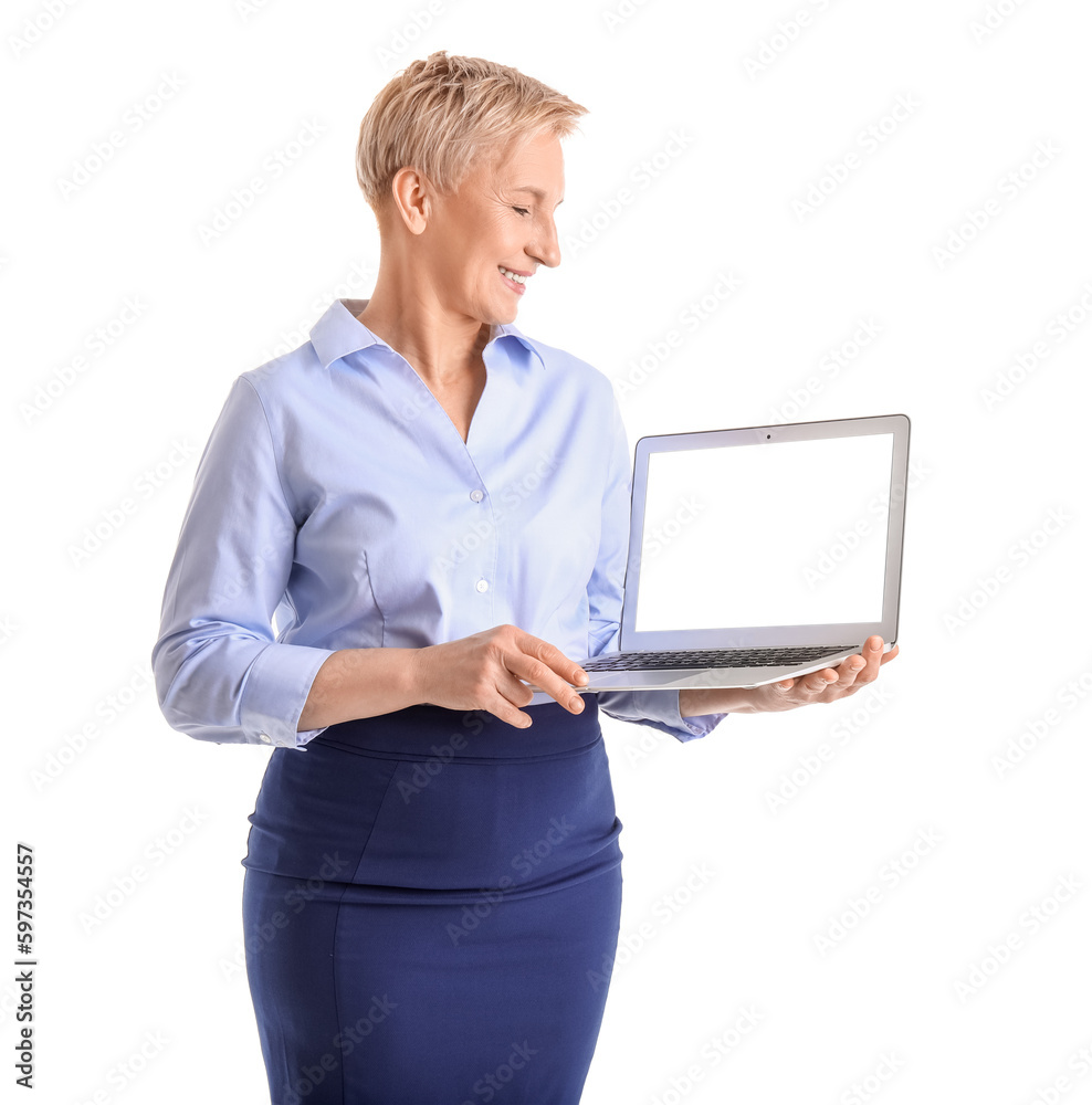 Mature businesswoman with laptop on white  background