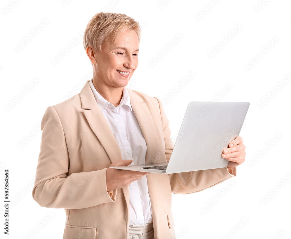 Stylish mature businesswoman with laptop on white background